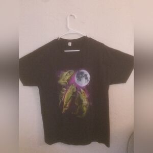 Fruit of the Loom Black Tee with Dinosaur and Moon Graphic